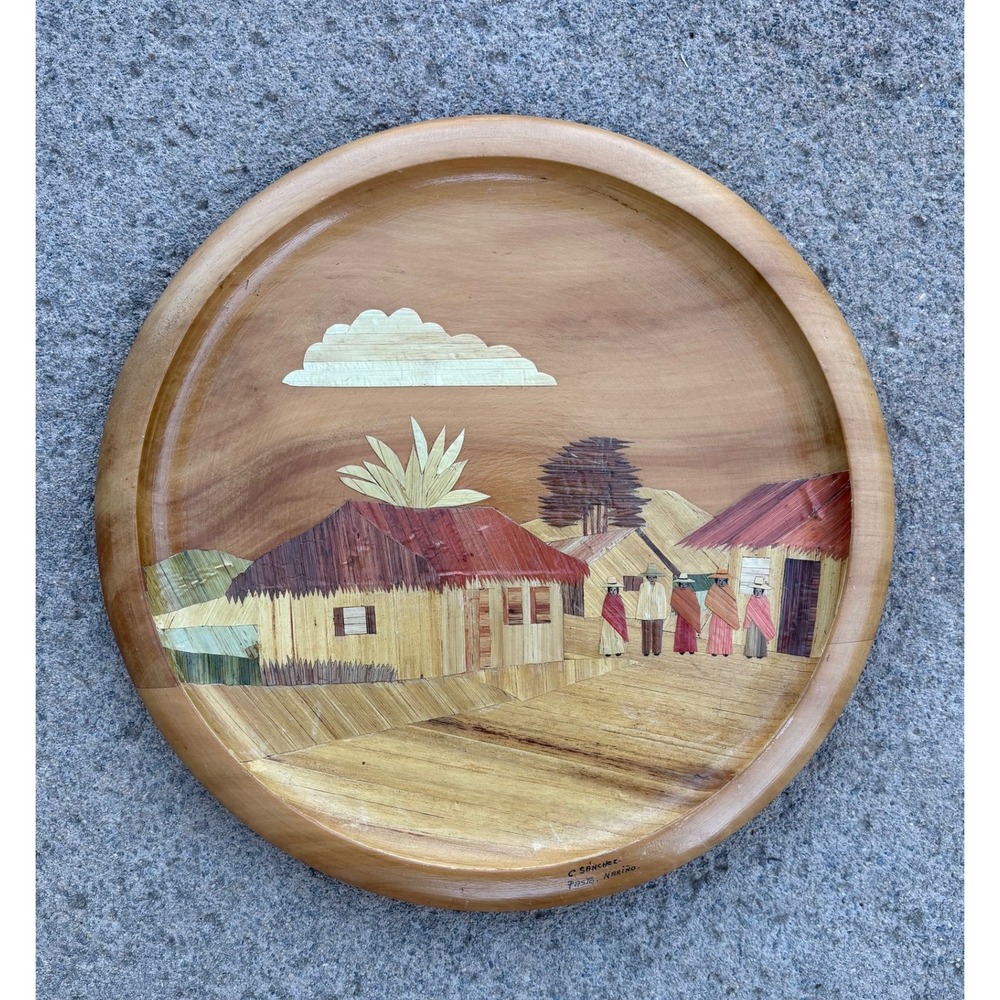 C Sanchez Pasto Narino Straw Marquetry Wood Plate Colombian‎ Folk Art Village